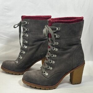 UGG Lace Up Boots Fabrice Gray Suede Leather Wool 4" Heel 1001990 Womens Sz 9